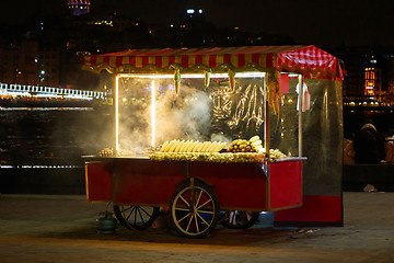 Image showing Turkish Bagel Simit sale on food cart