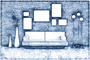 Image showing blue ballpoint pen doodle room with a sofa