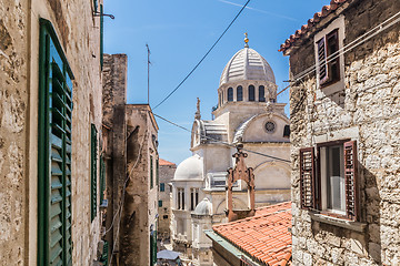 Image showing Croatia, city of Sibenik, panoramic view of the old town center and cathedral of St James, most important architectural monument of the Renaissance era in Croatia, UNESCO World Heritage