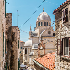 Image showing Croatia, city of Sibenik, panoramic view of the old town center and cathedral of St James, most important architectural monument of the Renaissance era in Croatia, UNESCO World Heritage