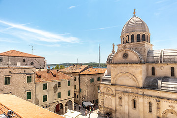 Image showing Croatia, city of Sibenik, panoramic view of the old town center and cathedral of St James, most important architectural monument of the Renaissance era in Croatia, UNESCO World Heritage