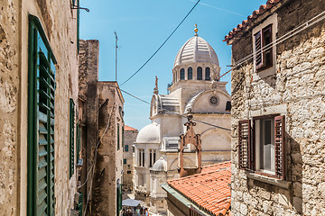 Image showing Croatia, city of Sibenik, panoramic view of the old town center and cathedral of St James, most important architectural monument of the Renaissance era in Croatia, UNESCO World Heritage