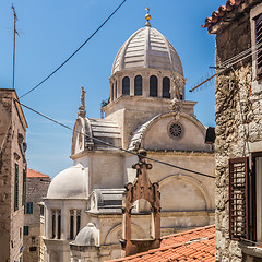 Image showing Croatia, city of Sibenik, panoramic view of the old town center and cathedral of St James, most important architectural monument of the Renaissance era in Croatia, UNESCO World Heritage