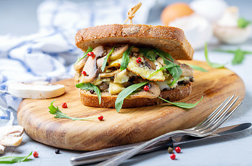 Image showing Sandwich with mushroom and scrambled eggs for Breakfast.