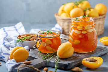 Image showing Apricot jam with thyme and almonds.