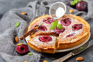 Image showing Pie with almond frangipan and organic plums.