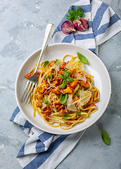 Image showing Linguini with chanterelles, parmesan and herbs.