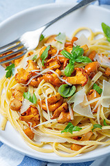 Image showing Pasta with chanterelles, parmesan and fresh herbs.