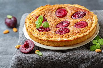 Image showing Plum and almond frangipani pie.