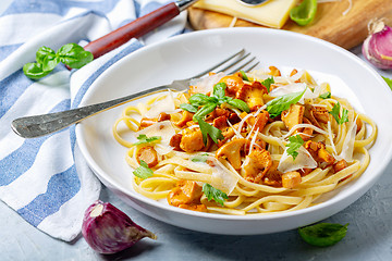 Image showing Linguine with fried wild chanterelles.