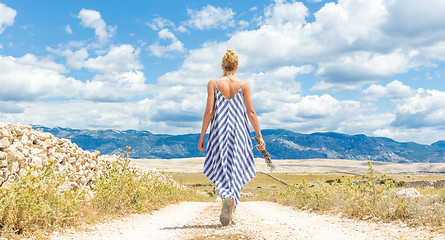 Image showing Rear view of woman in summer dress holding bouquet of lavender flowers while walking outdoor through dry rocky Mediterranean Croatian coast lanscape on Pag island in summertime