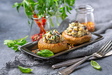 Image showing Stuffed mushrooms with eggplant and herbs.