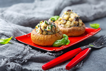 Image showing Mushrooms stuffed with eggplant, mushrooms and onions.