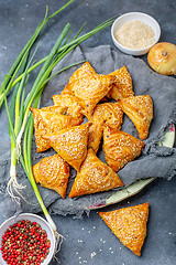 Image showing Small pies with meat samosa - oriental cuisine.