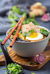 Image showing Ramen noodles with pork and pickled egg.