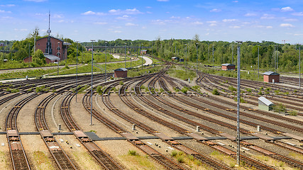 Image showing Freight railway yard with many tracks and operations control tow