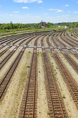 Image showing Empty freight railway yard with many tracks and operations contr