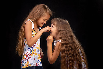 Image showing Girl pinched a hand on the nose of another girl