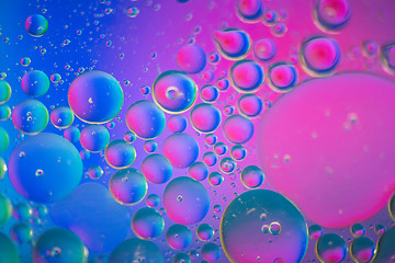 Image showing Defocused pink and blue abstract background picture made with oil, water and soap