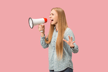 Image showing Woman making announcement with megaphone