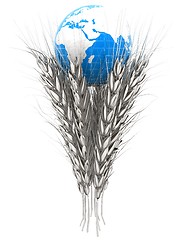 Image showing Metal ears of wheat and Earth. Symbol that depicts prosperity, w