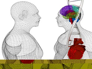 Image showing 3D medical background with DNA strands and wire human body model