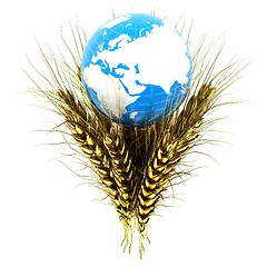 Image showing Golden metal ears of wheat and Earth. Symbol that depicts prospe