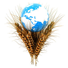 Image showing Golden metal ears of wheat and Earth. Symbol that depicts prospe