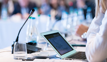 Image showing close up of business people hands using laptop computer