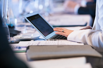 Image showing close up of business people hands using laptop computer