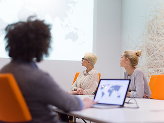 Image showing Startup Business Team At A Meeting at modern night office buildi