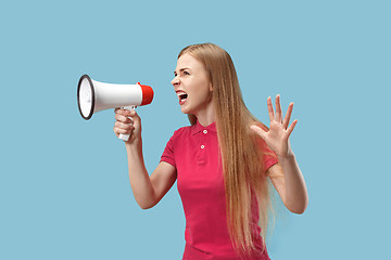 Image showing Woman making announcement with megaphone