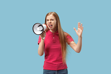 Image showing Woman making announcement with megaphone