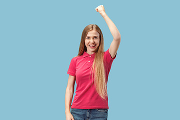 Image showing Winning success woman happy ecstatic celebrating being a winner. Dynamic energetic image of female model