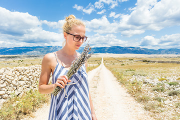 Image showing Woman in summer dress holding and smelling bouquet of lavender flowers while walking outdoor through dry rocky Mediterranean Croatian coast lanscape on Pag island in summertime