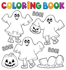 Image showing Coloring book kids in ghost costumes 1