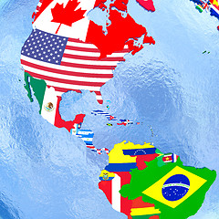 Image showing Americas on political globe with flags