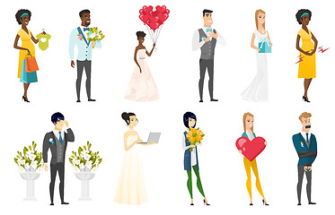 Image showing Bride and groom vector illustrations set.