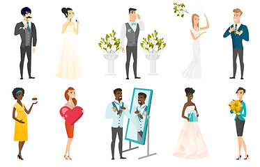 Image showing Bride and groom vector illustrations set.