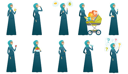 Image showing Muslim pregnant woman vector illustrations set.