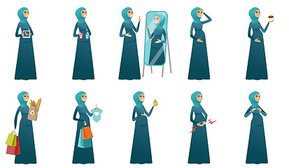 Image showing Muslim pregnant woman vector illustrations set.