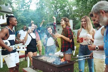 Image showing Group of friends making barbecue in the backyard. concept about good and positive mood with friends