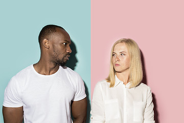 Image showing Man and woman posing at studio during quarrel