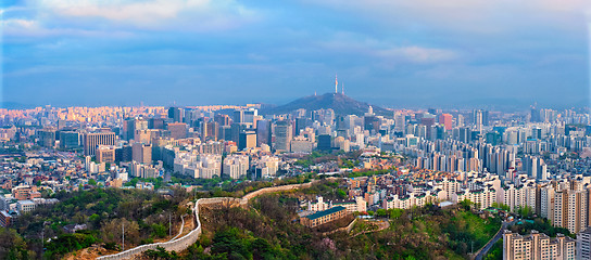 Image showing Panorama of Seoul skyline on sunset, South Korea.