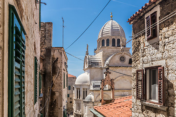 Image showing Croatia, city of Sibenik, panoramic view of the old town center and cathedral of St James, most important architectural monument of the Renaissance era in Croatia, UNESCO World Heritage