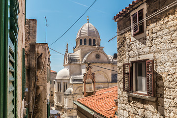 Image showing Croatia, city of Sibenik, panoramic view of the old town center and cathedral of St James, most important architectural monument of the Renaissance era in Croatia, UNESCO World Heritage