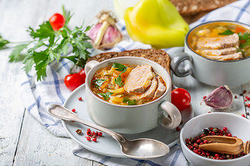 Image showing Soup of fresh cabbage, meat and fresh herbs.