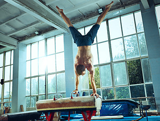 Image showing The sportsman during difficult exercise, sports gymnastics