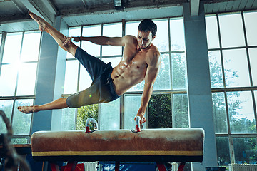 Image showing The sportsman during difficult exercise, sports gymnastics