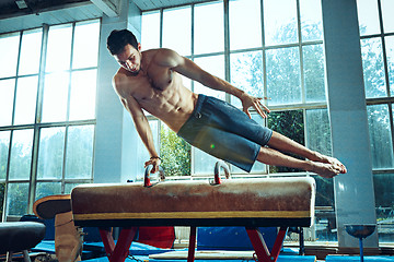 Image showing The sportsman during difficult exercise, sports gymnastics